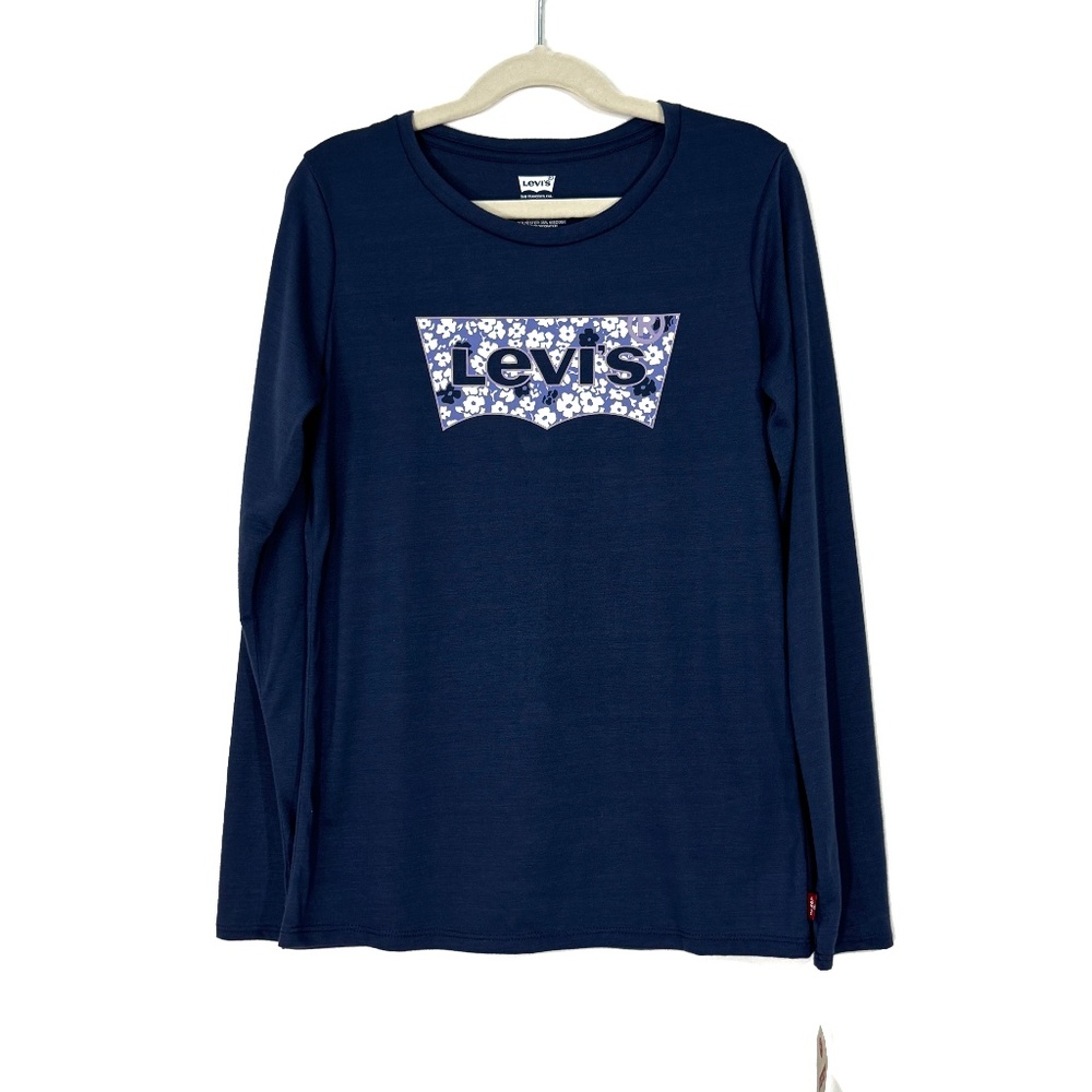 Levi’s Big Girls Size Large Crown Blue Logo Floral Graphic Long Sleeve T-Shirt